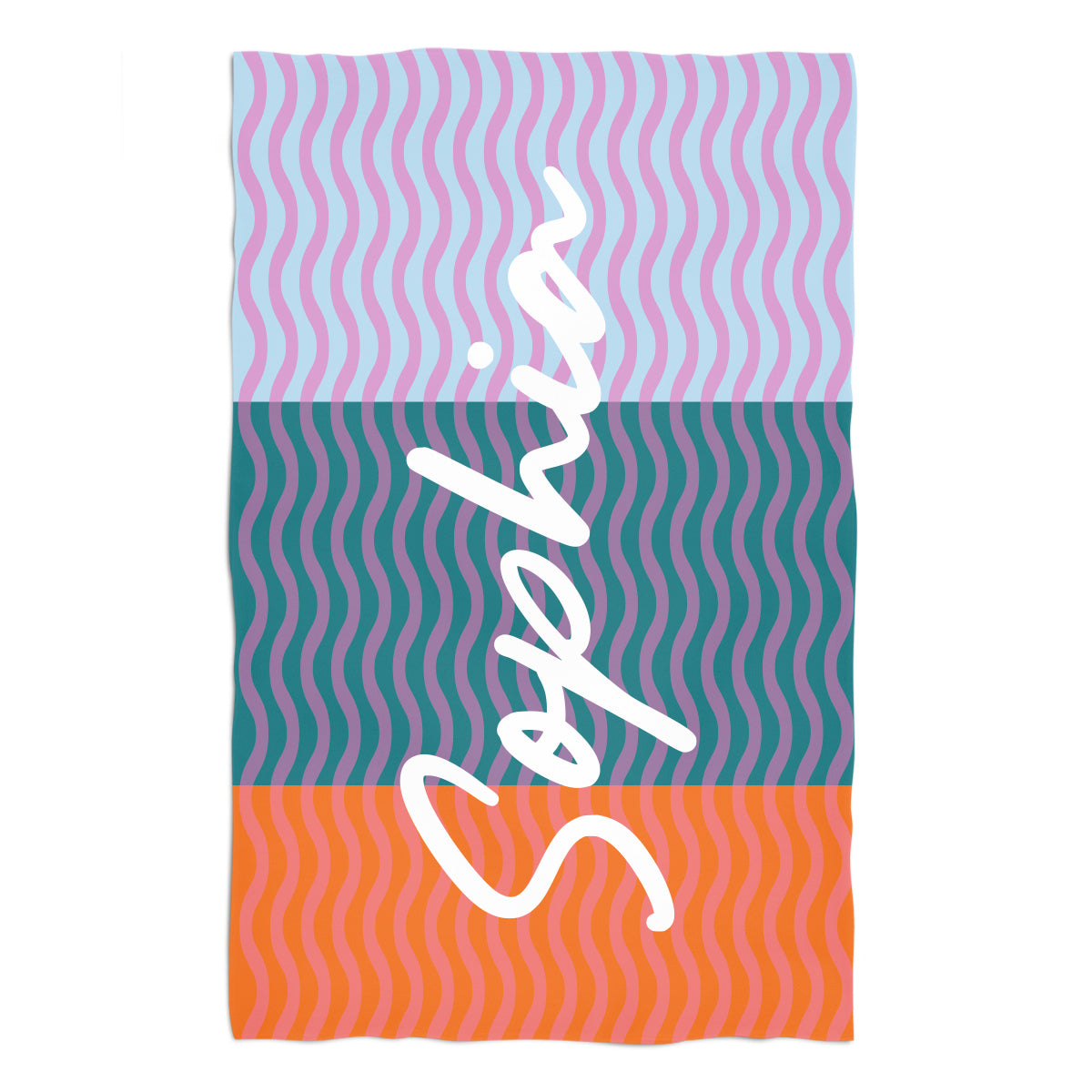 Waves Print Personalized Name Light Blue and Orange Towel 51 x 32""