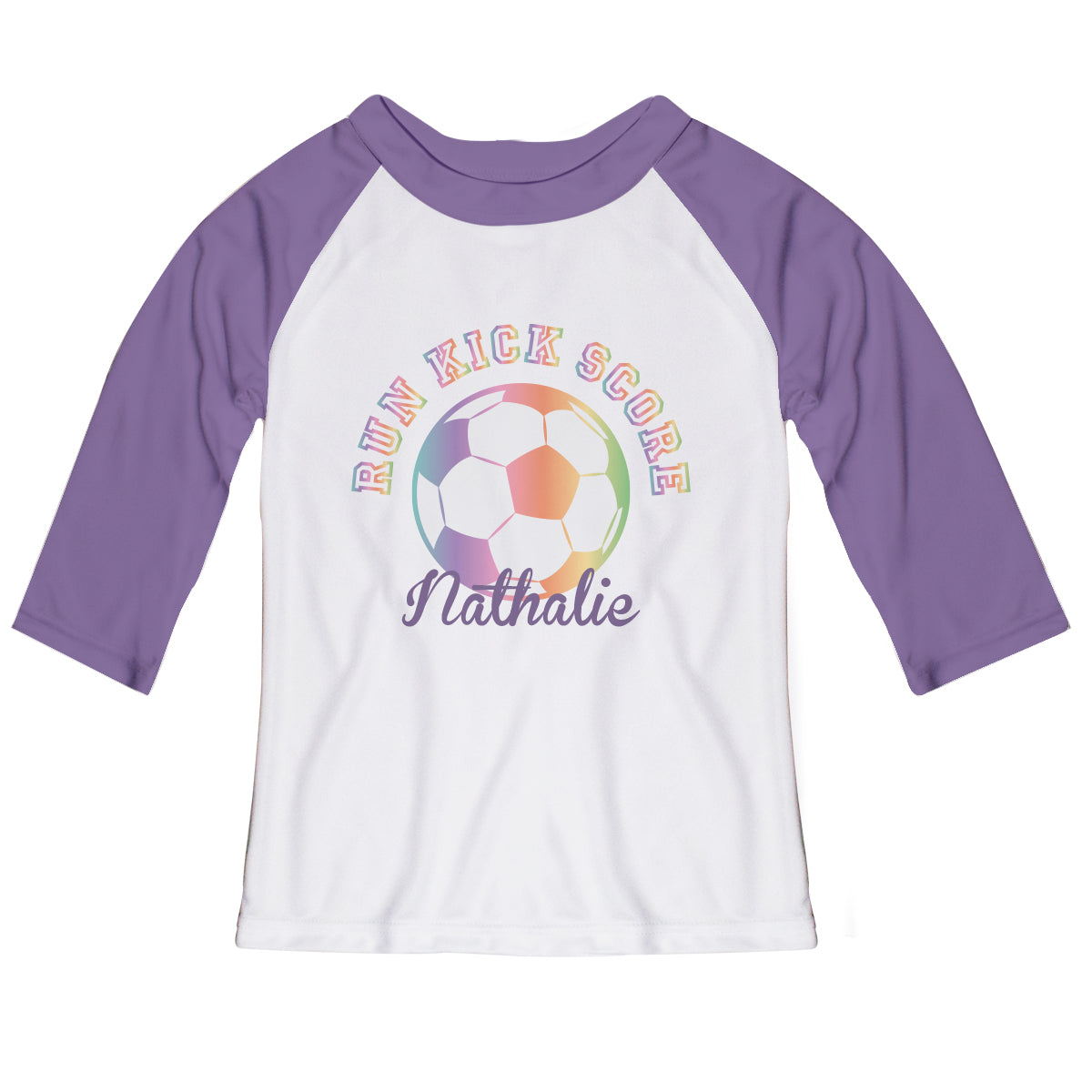 Run Kick Score Personalized Name White and Purple Raglan Tee Shirt 3/4 Sleeve