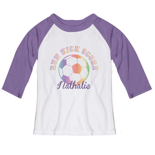 Run Kick Score Personalized Name White and Purple Raglan Tee Shirt 3/4 Sleeve