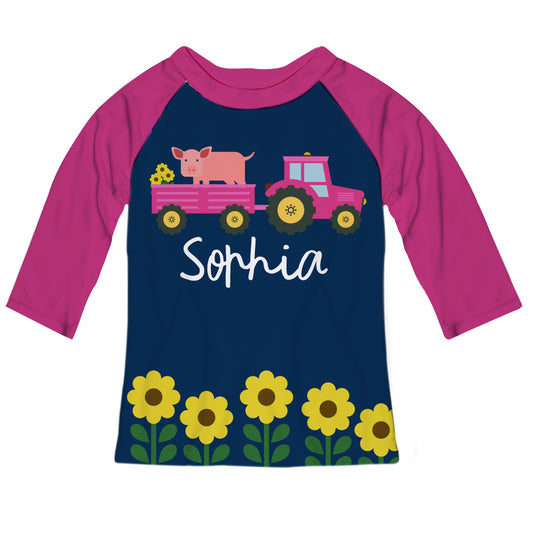 Tractor Name Navy and Pink Raglan Tee Shirt 3/4 Sleeve