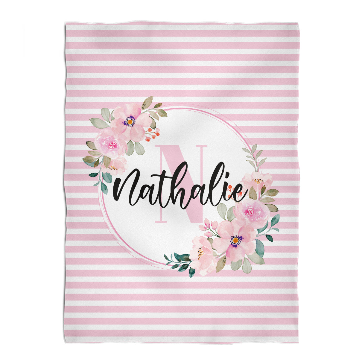 Flowers Personalized Initial and Name Pink White Stripes Plush Minky Throw Blanket 38 x 47""