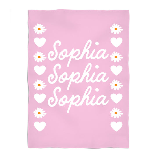 Hearts and Flowers Personalized Name Pink Plush Minky Throw Blanket 38 x 47""