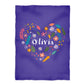 Heart Flowers Personalized Name Purple Plush Minky Throw Blanket 38 x 47""