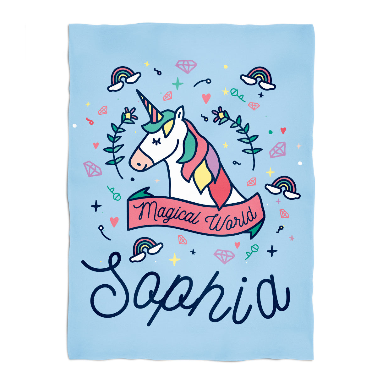 Magical World Personalized Name Light Blue Plush Minky Throw Blanket 38 x 47""