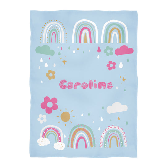 Rainbow and Flowers Personalized Name Light Blue Plush Minky Throw Blanket 38 x 47""