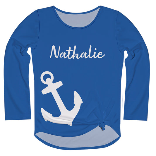 Anchor Personalized Name Royal Long Sleeve Knot Top