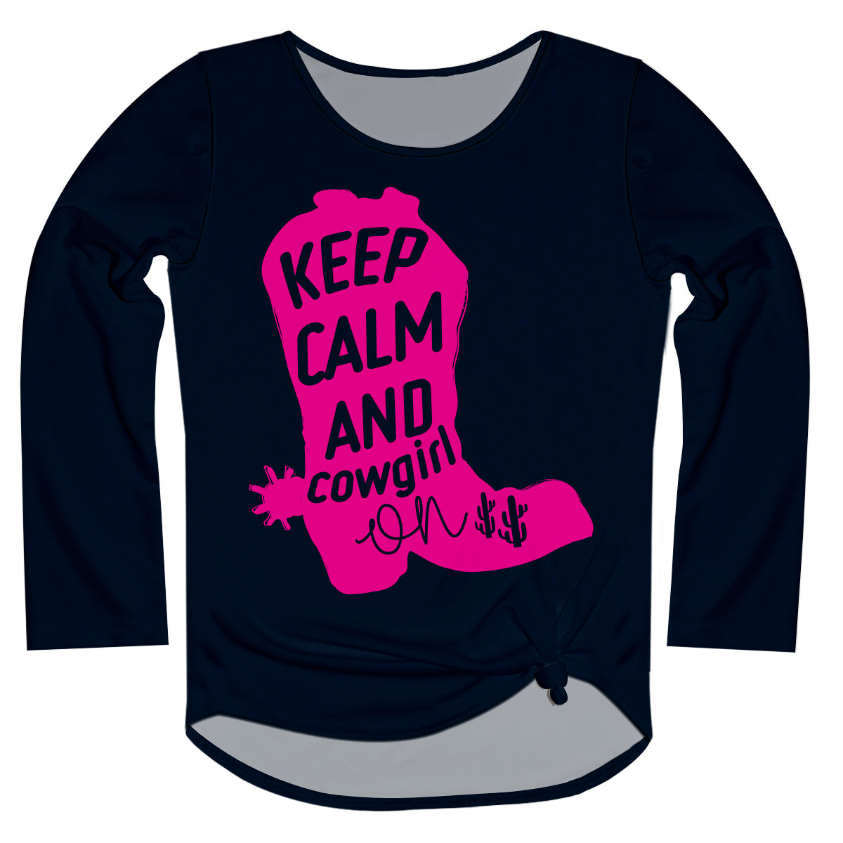 Keep Calm and Cowgirl Boot On Navy Long Sleeve Knot Top