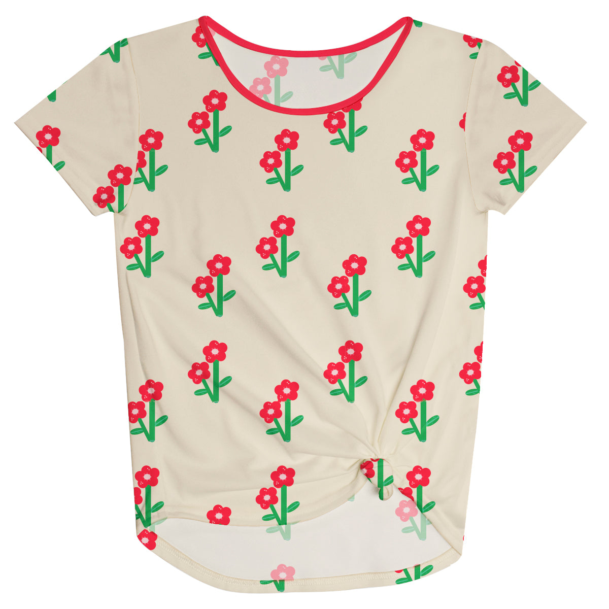 Flowers Print Beige and Red Knot Top