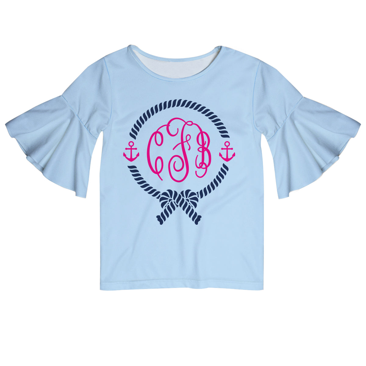 Anchors Rope Monogram Light Blue Short Sleeve Ruffle Top