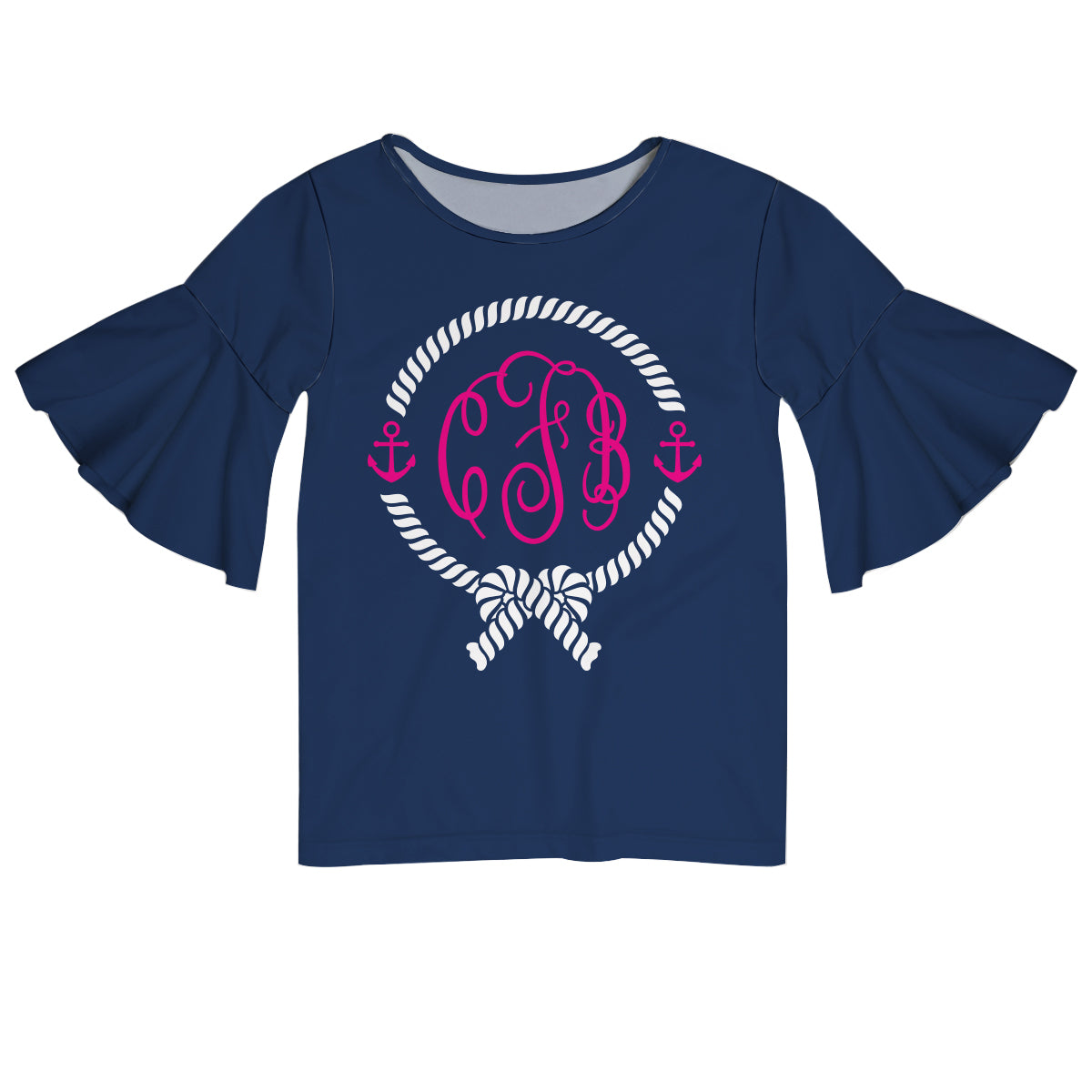 Anchors Rope Monogram Navy Short Sleeve Ruffle Top