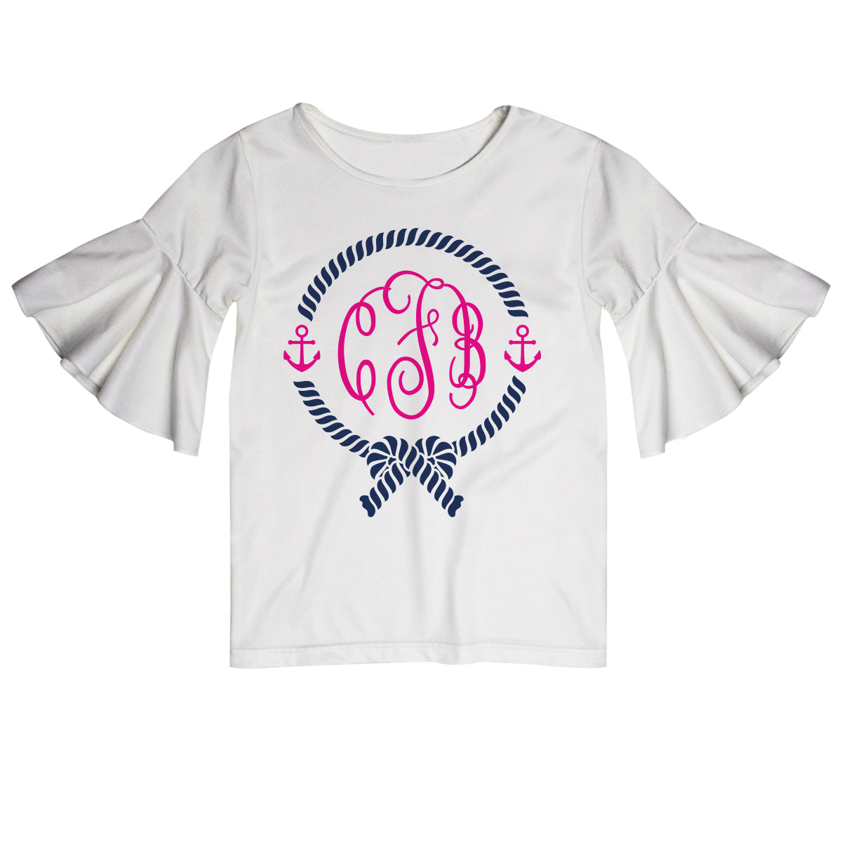 Anchors Rope Monogram White Short Sleeve Ruffle Top