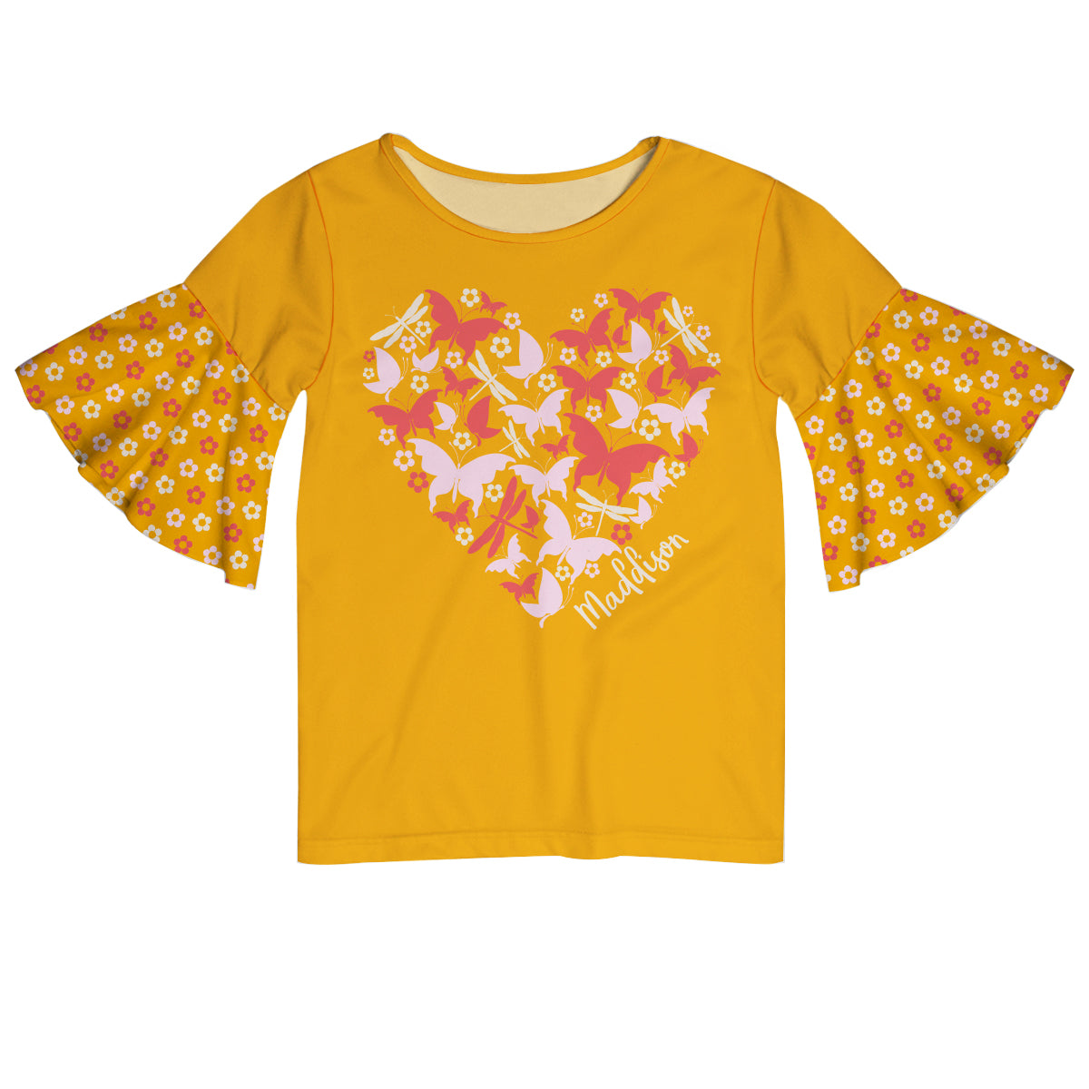 Butterflies Name Yellow Short Sleeve Ruffle Top