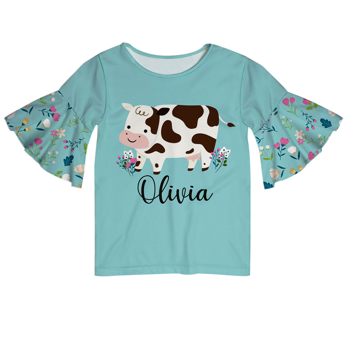 Cow Name Light Blue Short Sleeve Ruffle Top