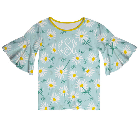 Daisies Print Monogram Light Blue Short Sleeve Ruffle Top