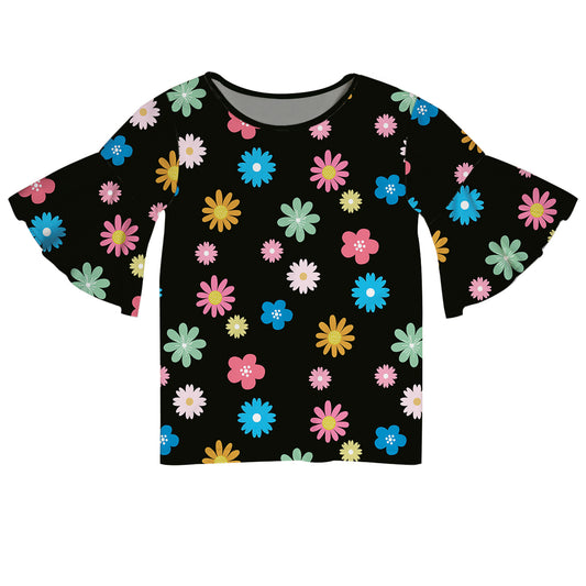 Daisies Print Black Short Sleeve Ruffle Top