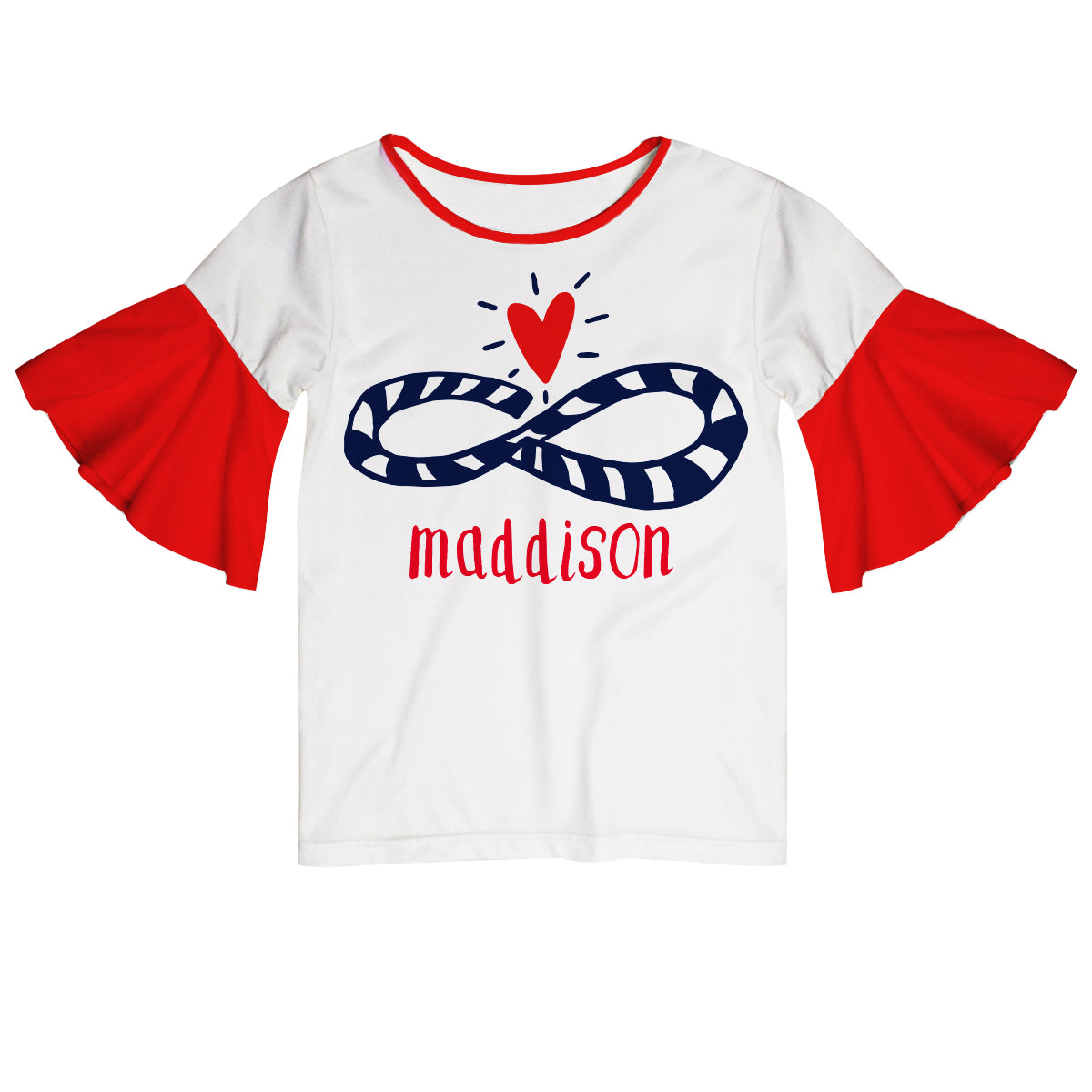 Rope Heart Name White and Red Short Sleeve Ruffle Top