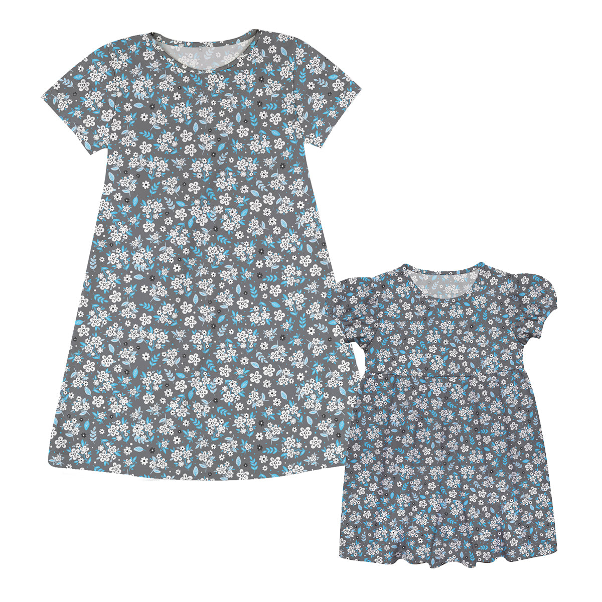 Flowers Print Gray Short Sleeve A Line Dress - Wimziy&Co.