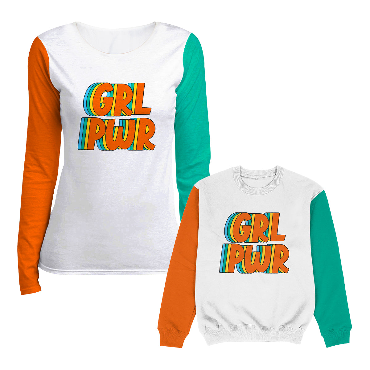 Girl Power White Orange and Mint Long Sleeve Tee Shirt - Wimziy&Co.