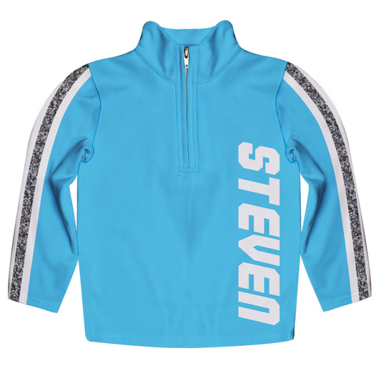 Stripes Glitter Personalized Name Turquoise Gray and White Heavy Weight Performance 4-Way Stretch 1/4 Zip Pullover