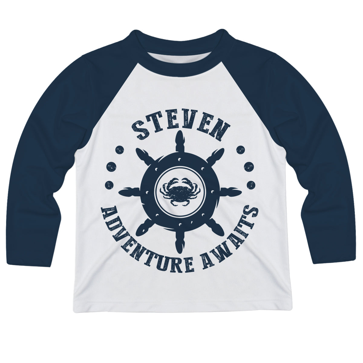 Adventure Awaits Personalized Name White and Navy Raglan Long Sleeve Tee Shirt