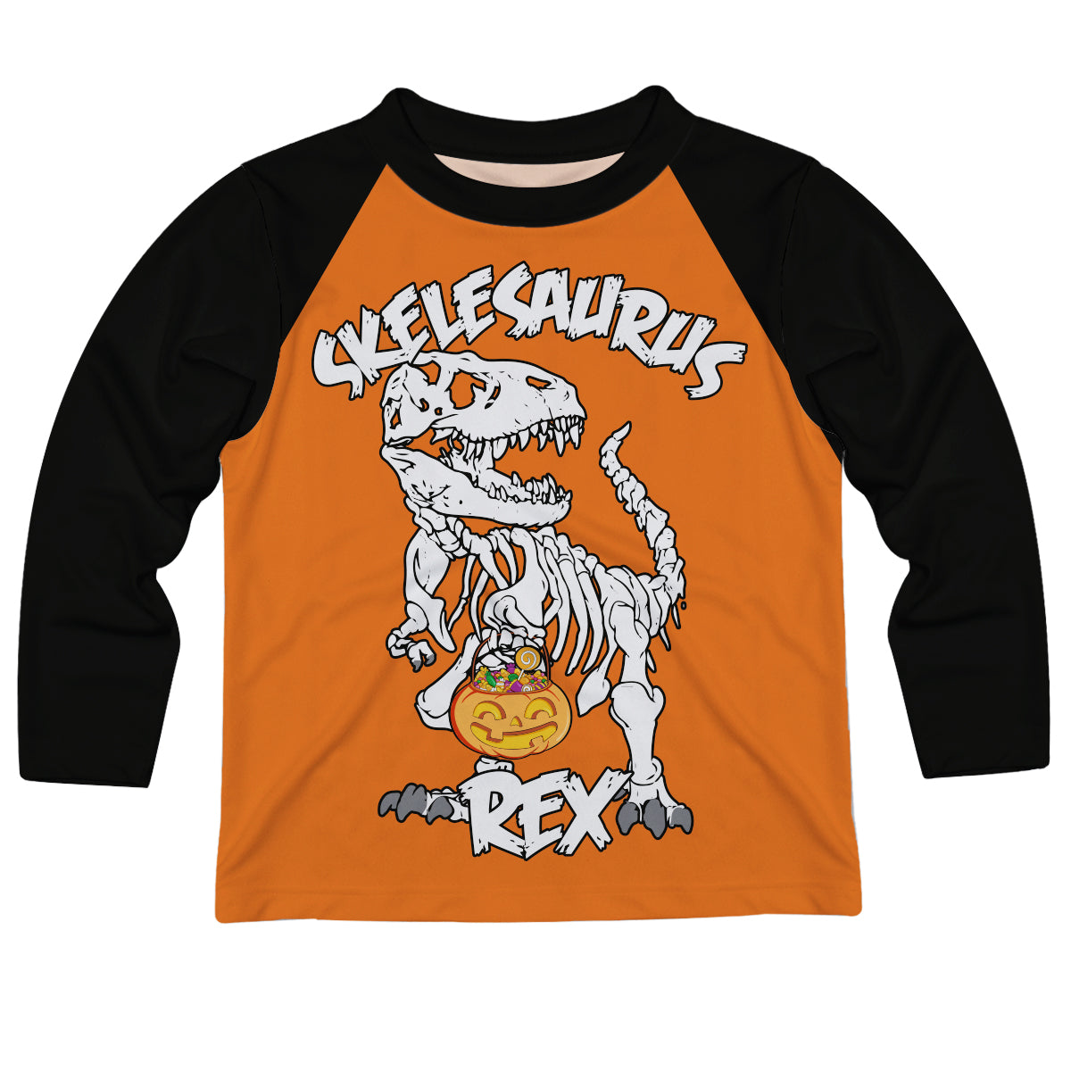 Skelesaurus Orange and Black Raglan Long Sleeve Tee Shirt