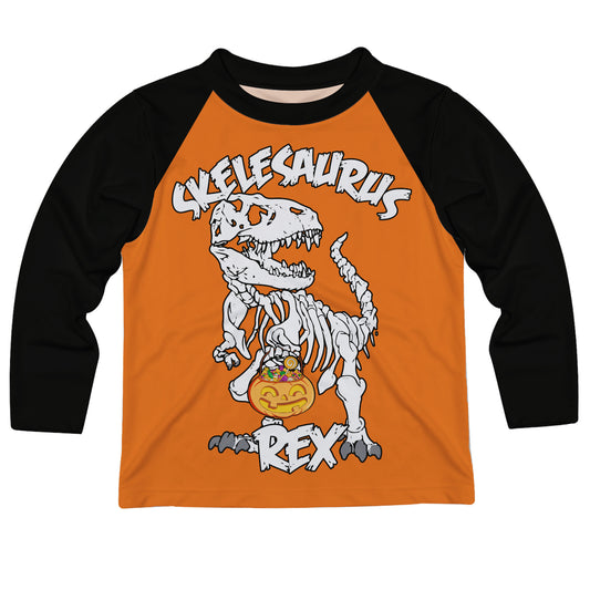 Skelesaurus Orange and Black Raglan Long Sleeve Tee Shirt