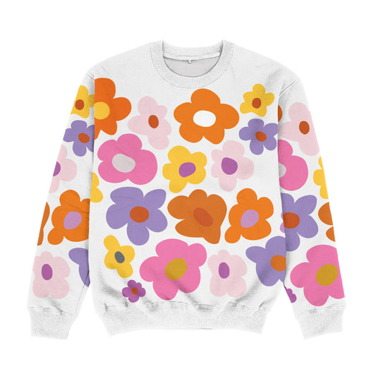 Abstract Floral Print White Pink and Orange Crewneck Sweatshirt