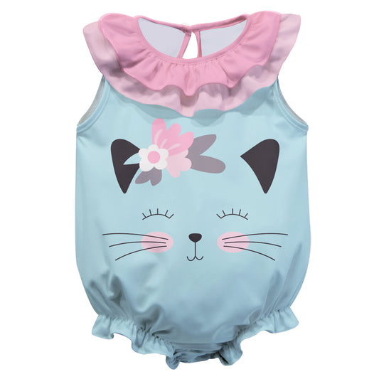 Cat Face Light Blue Sleeveless Onesie