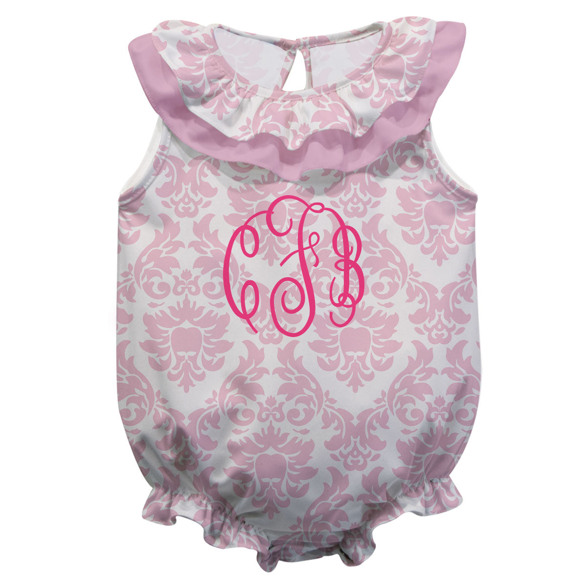 Damask Print Monogram Pink Girls Sleeveless Onesie