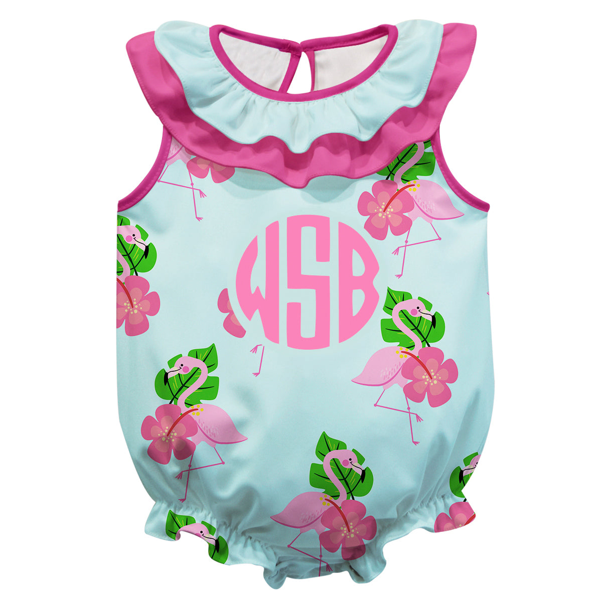 Flamingo Monogram Light Blue and Pink Sleeveless Onesie