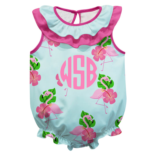 Flamingo Monogram Light Blue and Pink Sleeveless Onesie