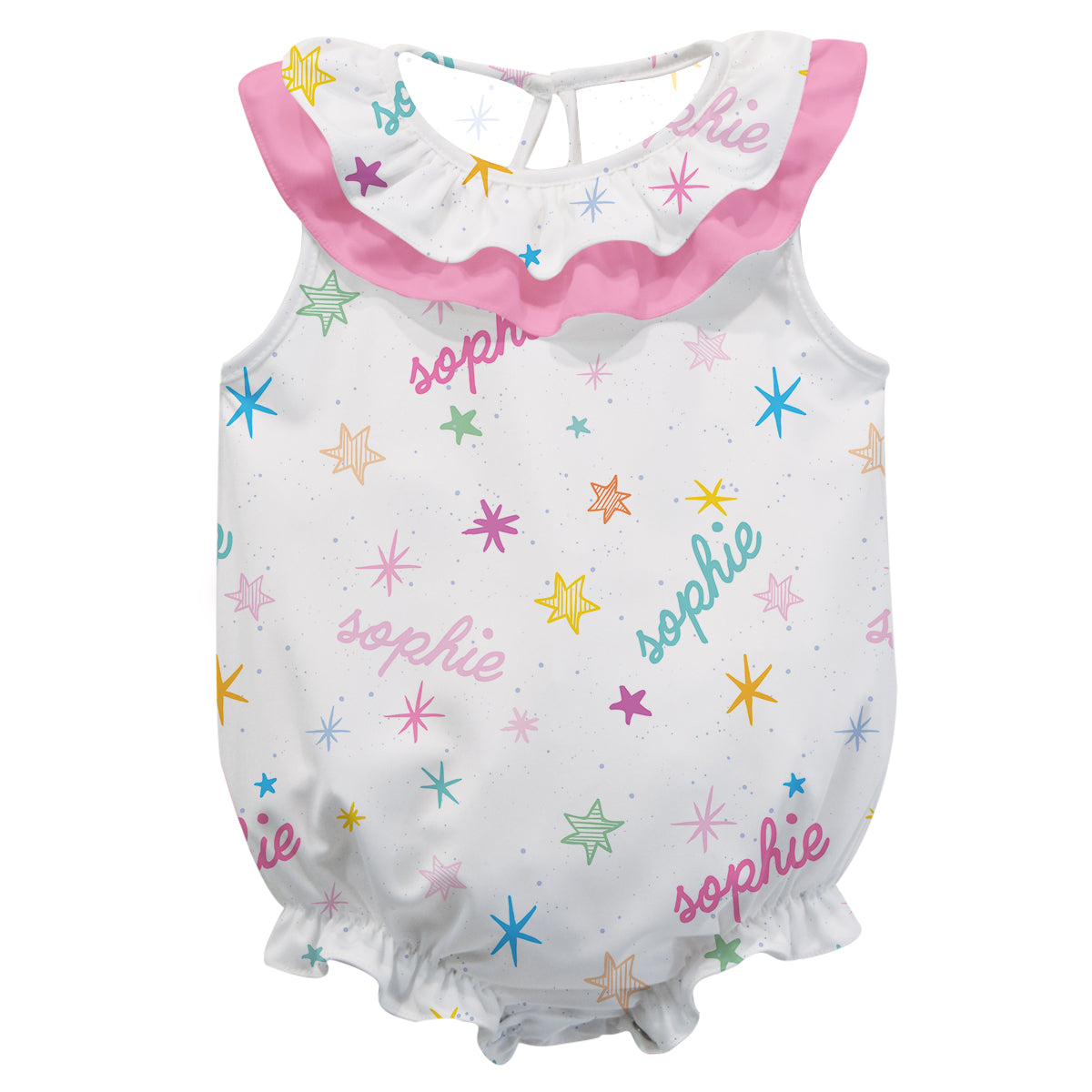 Stars and Name Print White Sleeveless Onesie