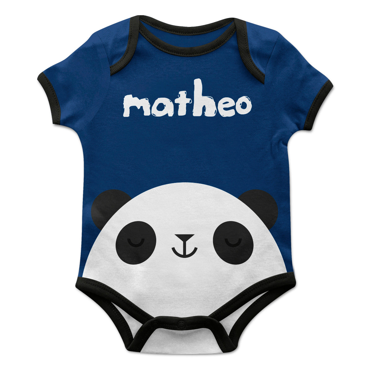 Panda Name Navy and Black Boys Short Sleeve Onesie