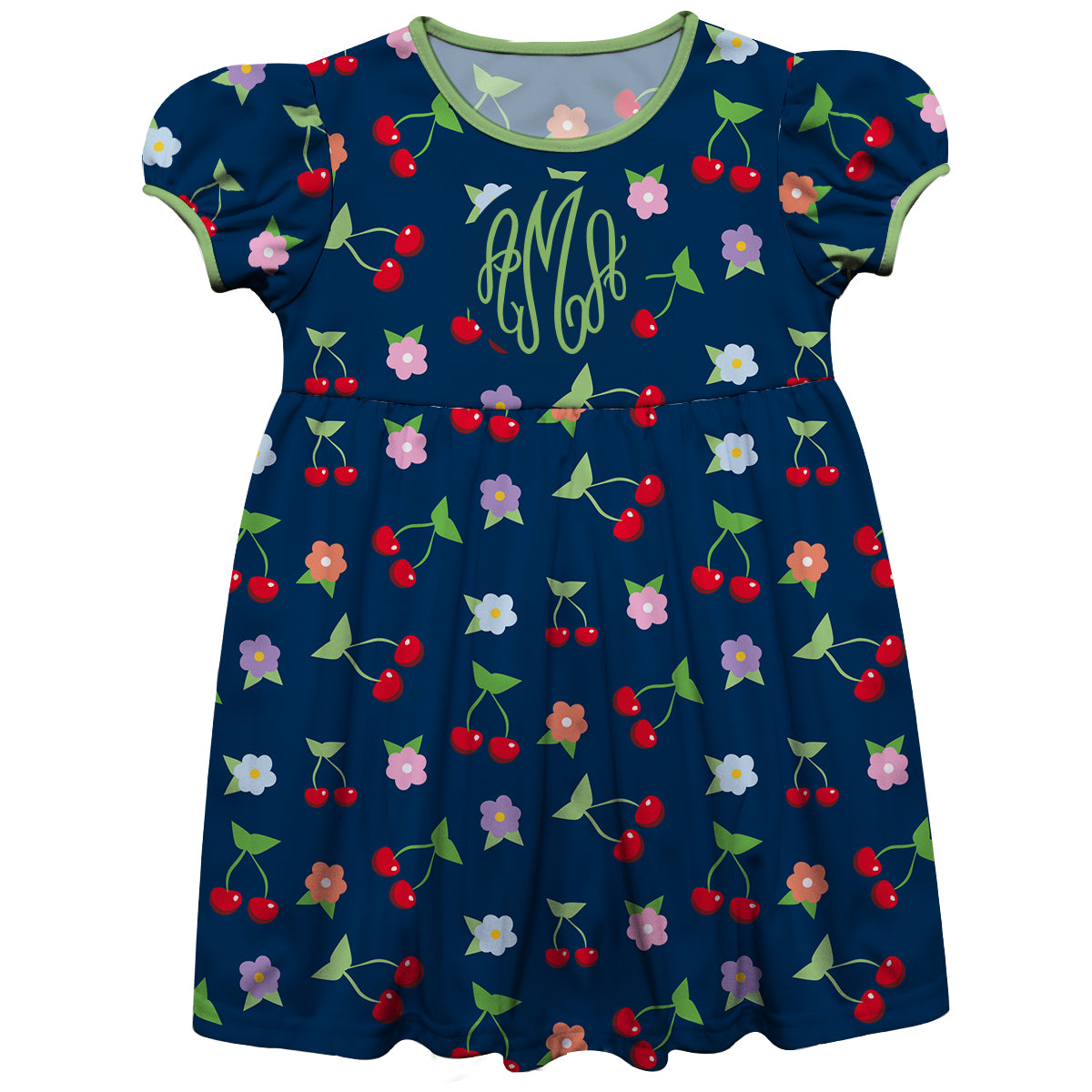 Cherries and Flowers Print Personalized Monogram Navy Short Sleeve Epic Dress
