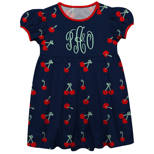 Cherries Print Personalized Monogram Navy Short Sleeve Epic Dress