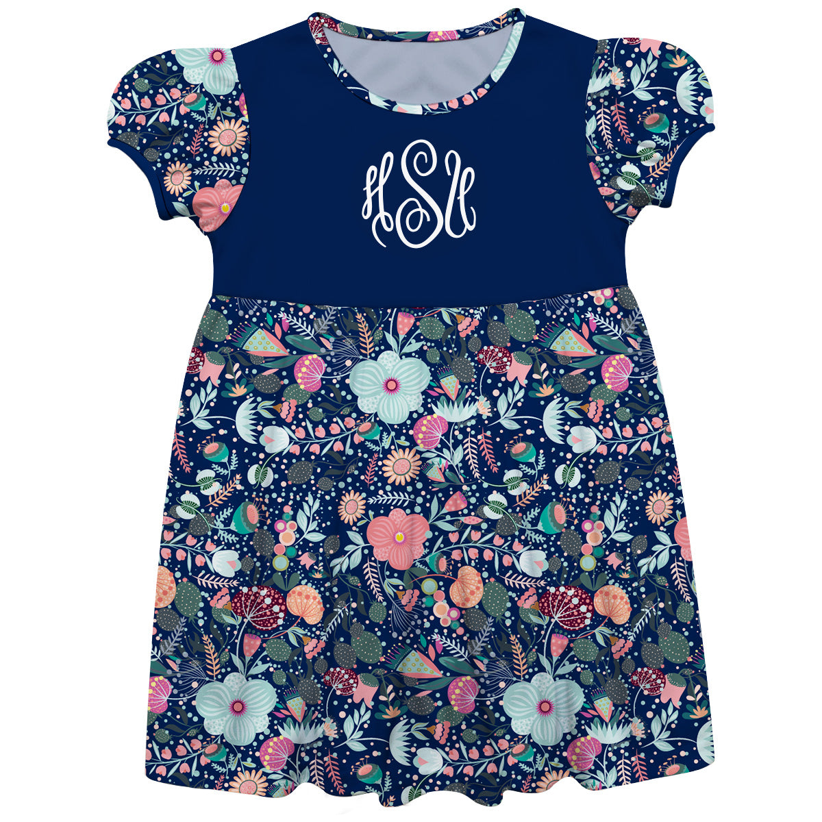 Flowers Monogram Navy Short Sleeve Epic Dress