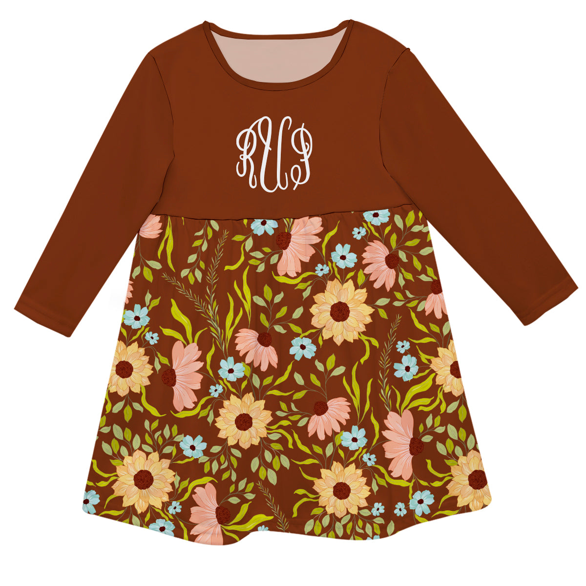 Flowers Personalized Monogram Brown Long Sleeve Epic Dress