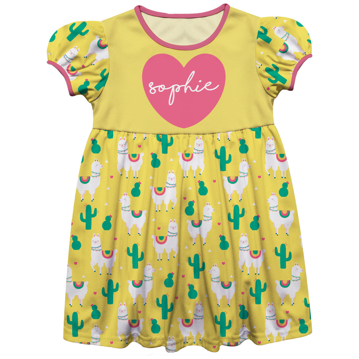Llama Print Name Yellow Short Sleeve Epic Dress