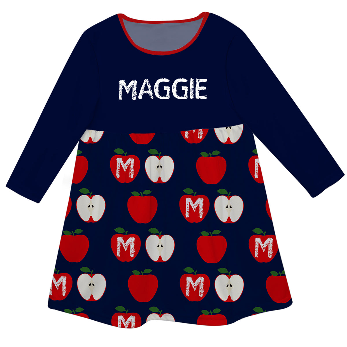 Name Monogram Apple Print Navy Long Sleeve Epic Dress