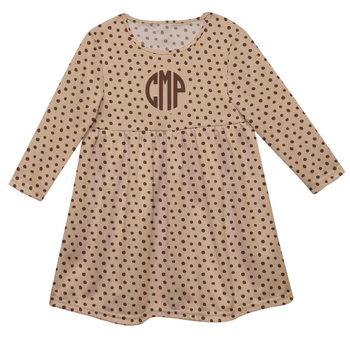 Polka Dots Print Personalized Monogram Beige and Brown Long Sleeve Epic Dress