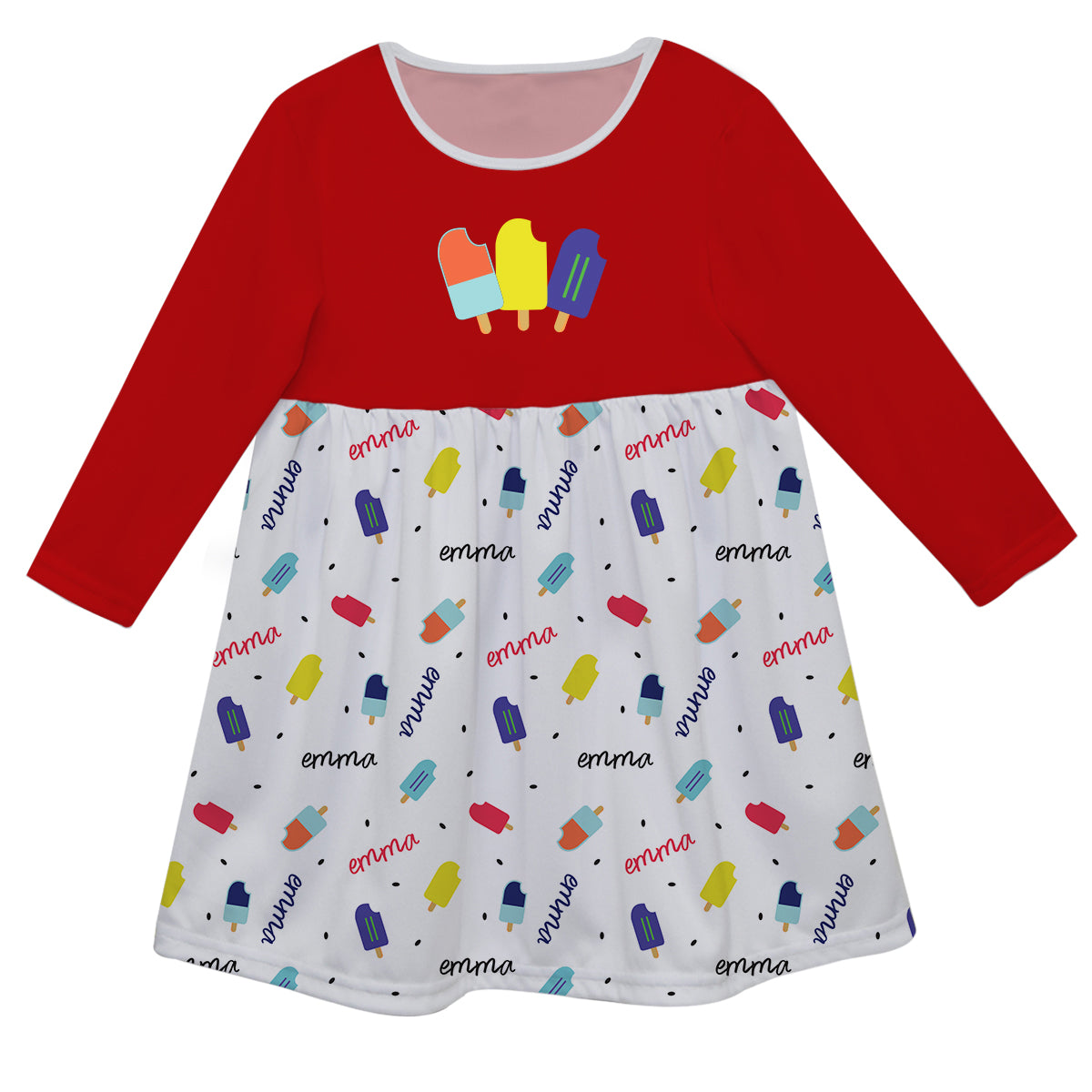Popcicles and Name White and Red Long Sleeve Epic Dress
