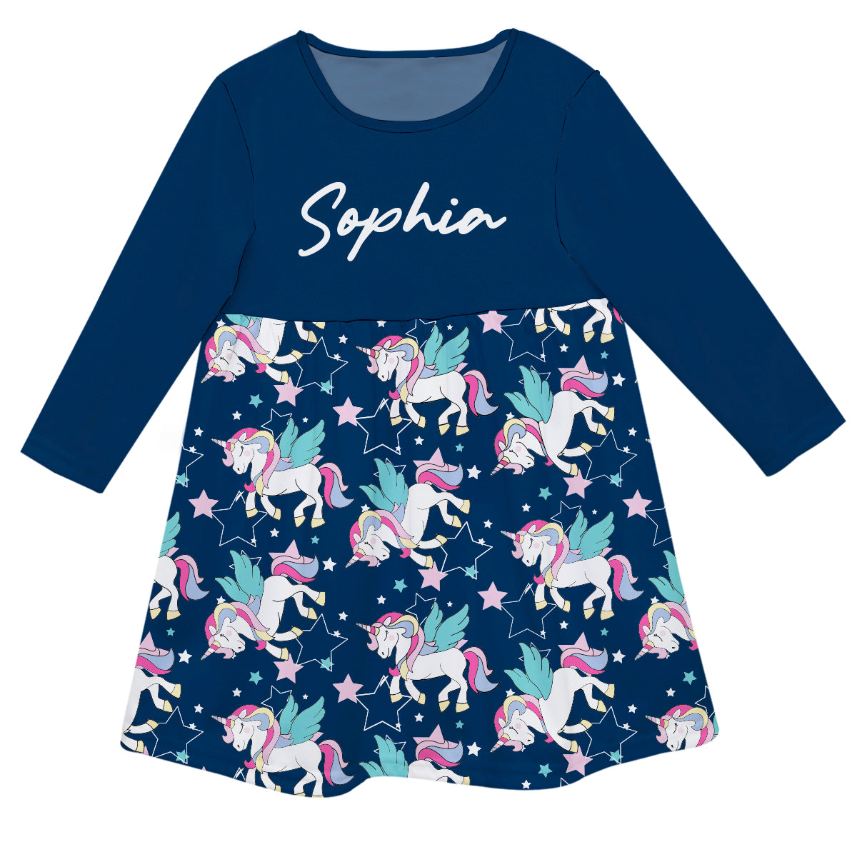 Unicorn Print Personalized Name Navy Long Sleeve Epic Dress
