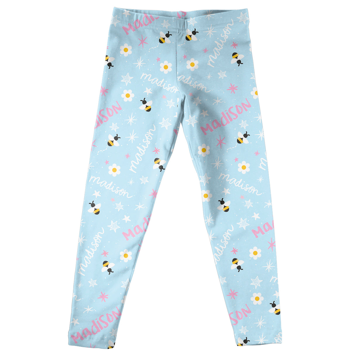 Bees and Name Print Light Blue Leggings