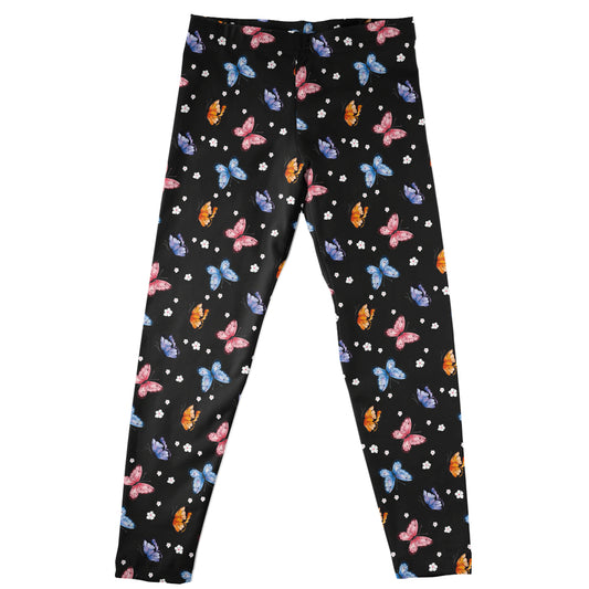 Butterflies Flowers Print Black Leggings