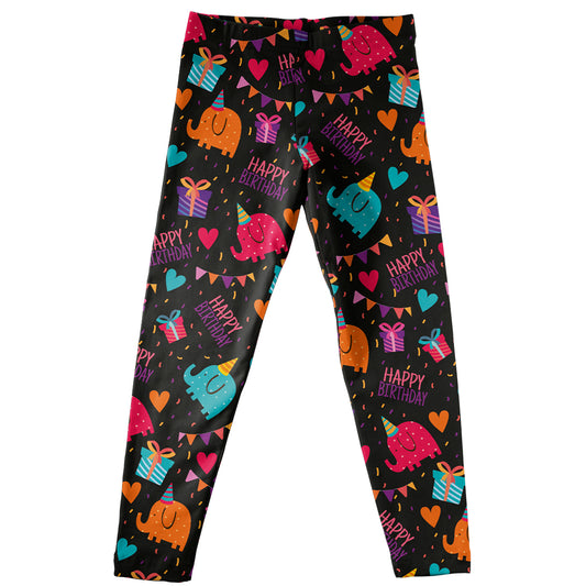 Elephants Happy Birthday Print Black Leggings