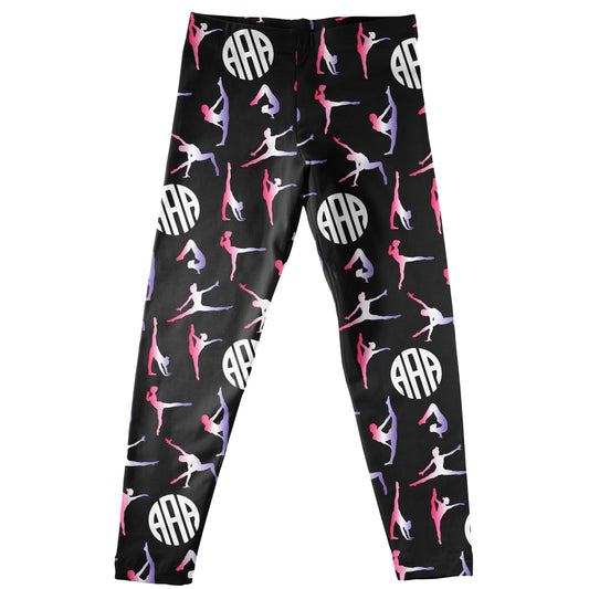 Gymnast Silhouette and Monogram Print Black Leggings