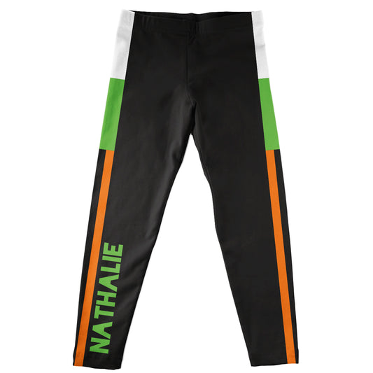 Stripes Personalized Name Black Green and Orange Leggings