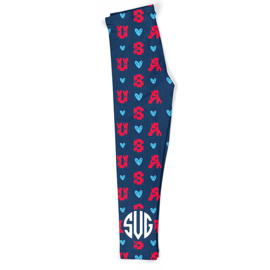USA and Hearts Print Monogram Navy Leggings