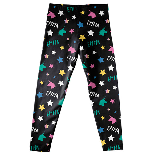 Unicorn and Personalized Name Print Black Leggings