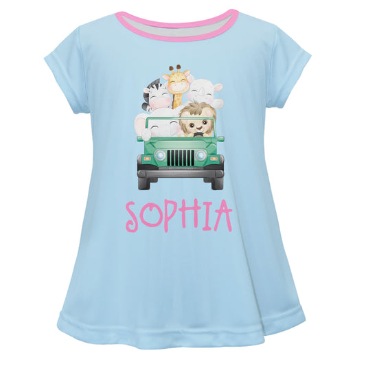 Zoo Animals Personalized Name Light Blue Short Sleeve Laurie Top